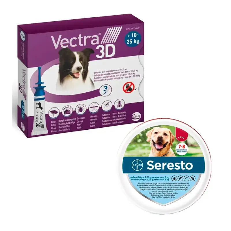 Vectra 3D 10-25 kg + 3 Pipetas + Coleira Seresto Grande, Pack Cães Pequenos-Médios