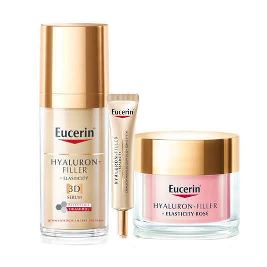 Eucerin Hyaluron-Filler + Elasticity Serum, Creme de Dia Rosé Fp30 e Pack Contorno de Olhos