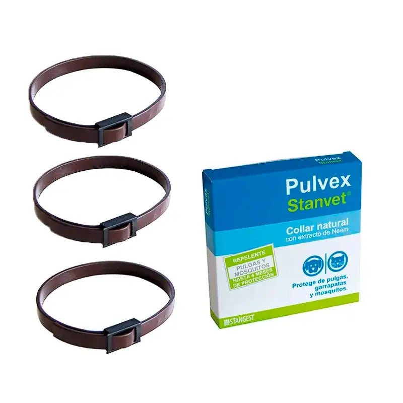 Coleira Stangest Pulvex, embalagem com 3 unidades.