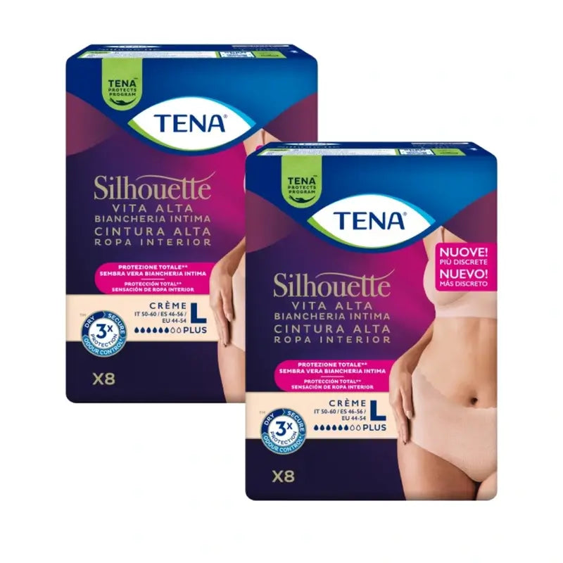 Tena Pack Silhouette Creme Plus Cintura Alta Tamanho L, 2 X 8 unidades