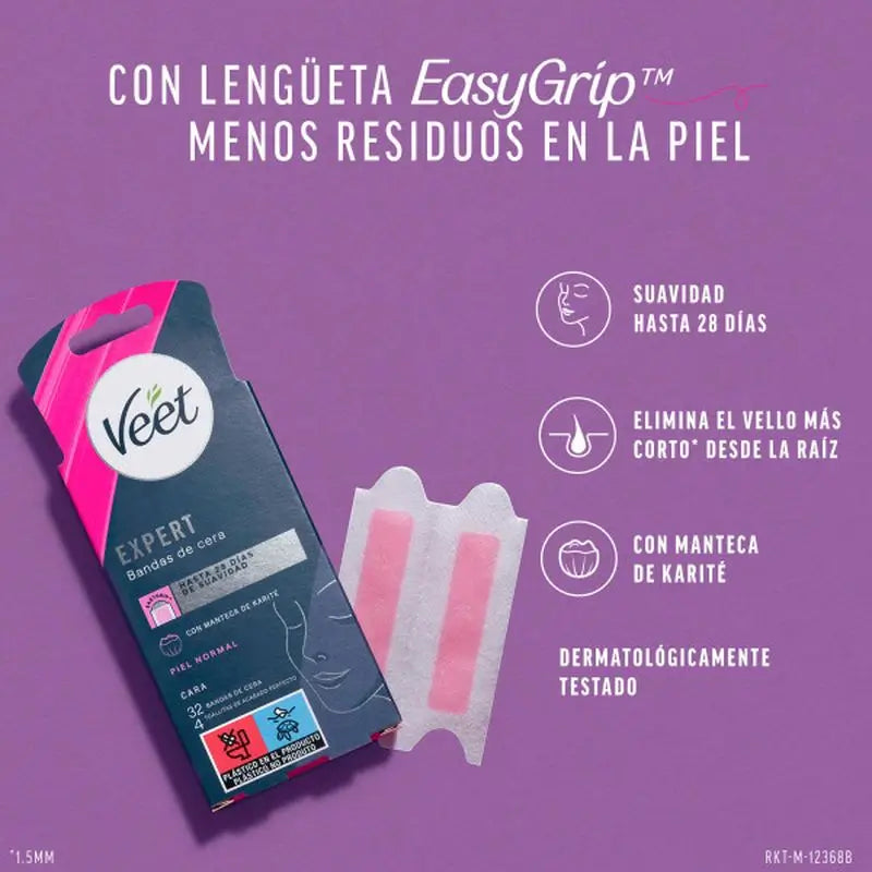 Veet Expert Manteiga de Karité Tiras de Cera Fria Facial. 32 unidades