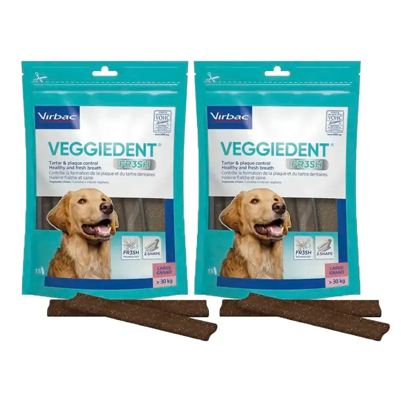 Virbac Veggiedent Fr3sh L, Snacks dentários para cães de raças grandes, embalagem com 2 unidades
