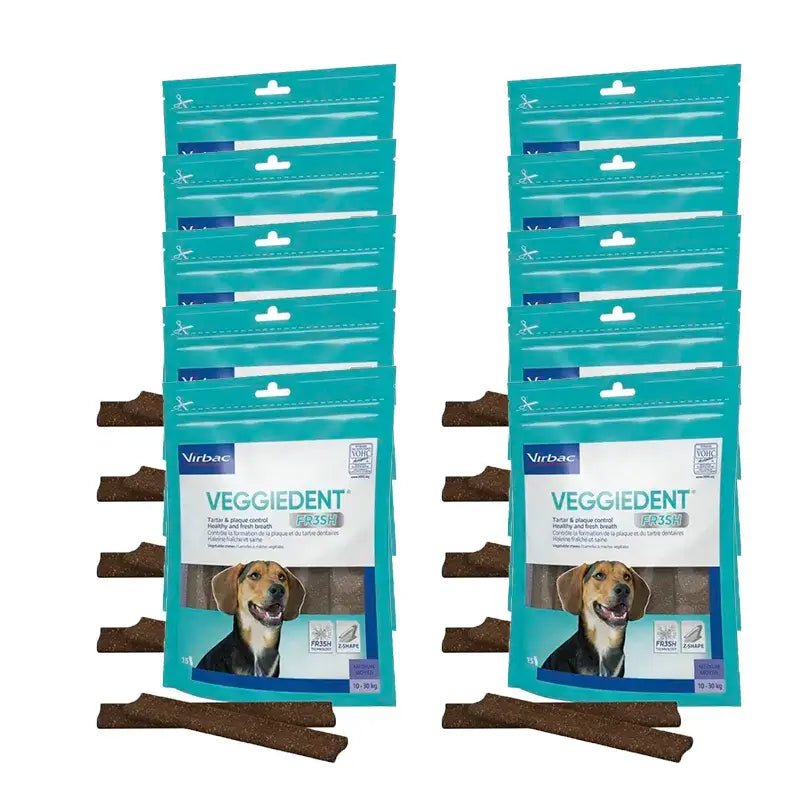 Virbac Veggiedent Fr3sh M, Snacks dentários para cães de raça média, embalagem com 10 unidades