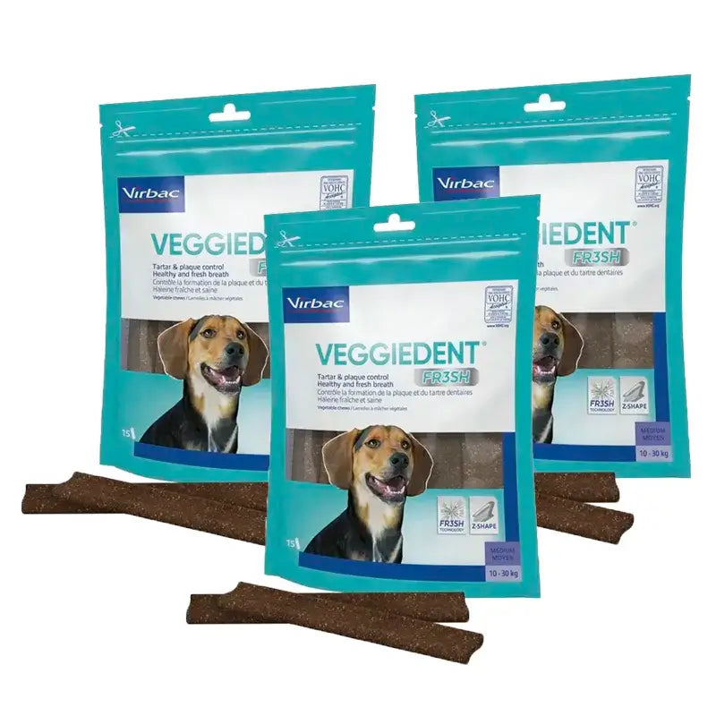 Virbac Veggiedent Fr3sh M, Snacks dentários para cães de raça média, embalagem com 3 unidades