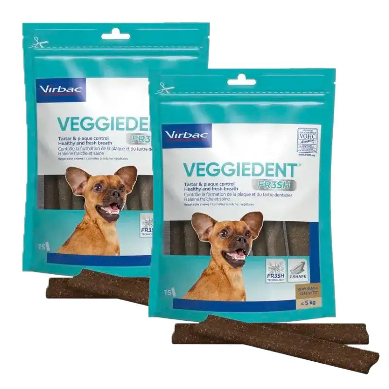 Virbac Veggiedent Fr3sh XS, Snacks dentários para cães de raças muito pequenas, embalagem com 2 unidades