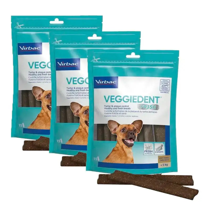 Virbac Veggiedent Fr3sh XS, Snacks dentários para cães de raças muito pequenas, embalagem com 3 unidades