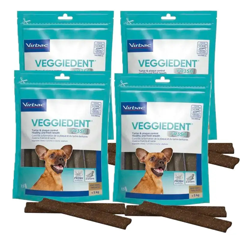 Virbac Veggiedent Fr3sh XS, Snacks dentários para cães de raças muito pequenas, embalagem com 4 unidades