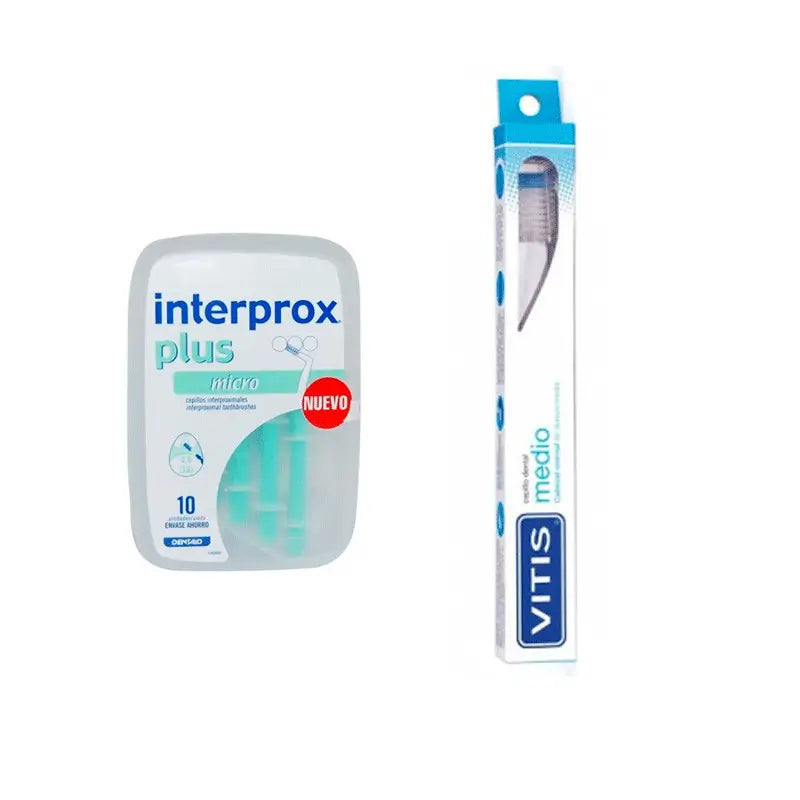 VITIS Cepillo Dental Medio Uso Diario + Interprox Cepillo Dental Interproximal Plus Micro 10 Uds