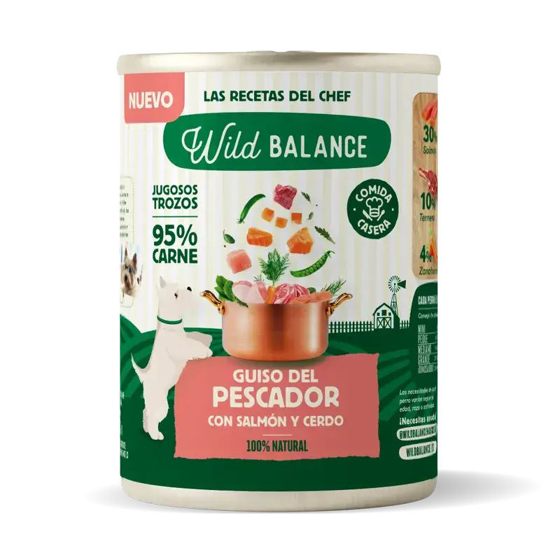 Wild Balance Ensopado de Pescador Enlatado com Salmão, Carne de Porco e Vegetais para Cães, 400 gramas