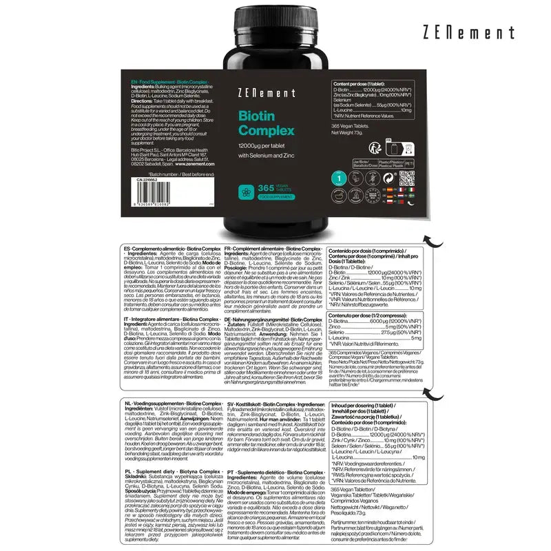Zenement Biotin Complex With Selenium And Zinc, 365 comprimidos veganos
