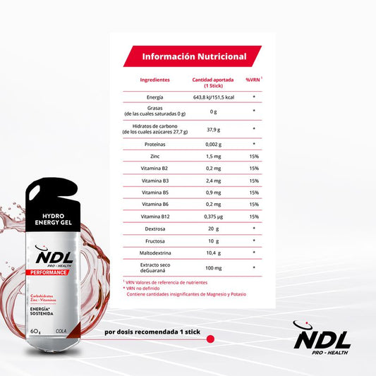 NDL Pro-Health Energy Gel Sem Cafeína sabor Cola, Embalagem de 12x60 gr