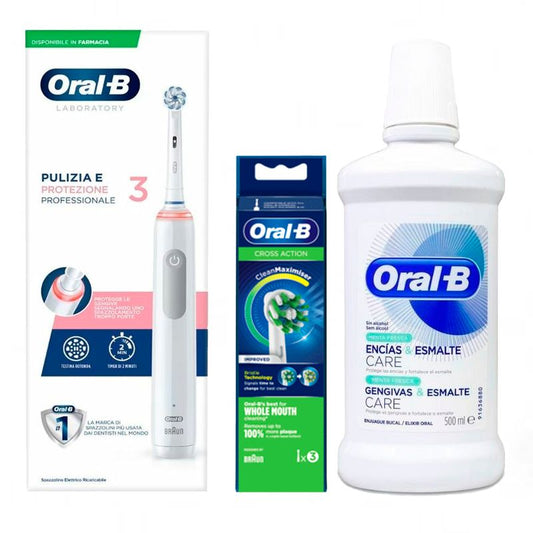 Conjunto Oral-B Gum Care: Escova de dentes eléctrica + recargas 3 peças + elixir bucal para gengivas e esmalte 500ml