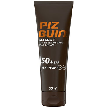 Piz Buin Protetor solar facial anti-alérgico Spf 50, Proteção muito elevada para peles sensíveis, rápida absorção, 50 ml