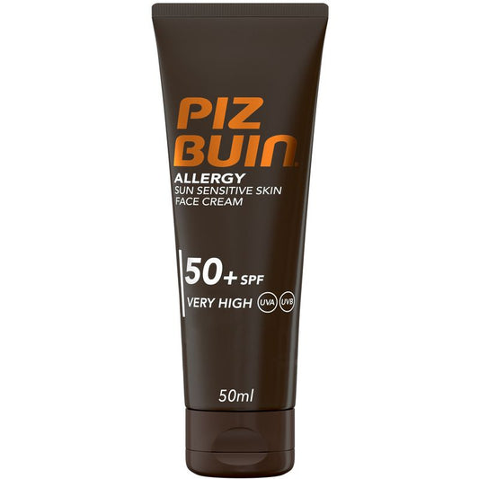 Piz Buin Protetor solar facial anti-alérgico Spf 50, Proteção muito elevada para peles sensíveis, rápida absorção, 50 ml