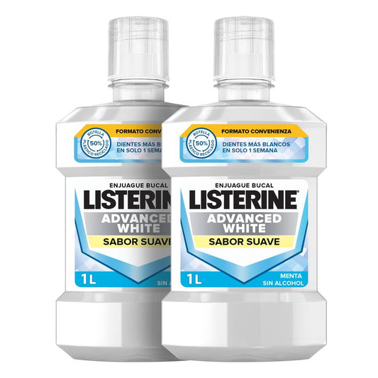 Listerine Colutório, Advanced White Com Branqueador, Sabor a Menta Suave, Sem Álcool Embalagem de 2 X 1000ml