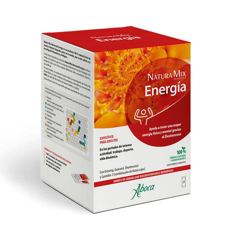 Aboca Natura Mix Advanced Energía Energía Física Y Mental, Con Gynseng, Guaraná, Eleuterococo Y Cyanidin -3, 28 sobres