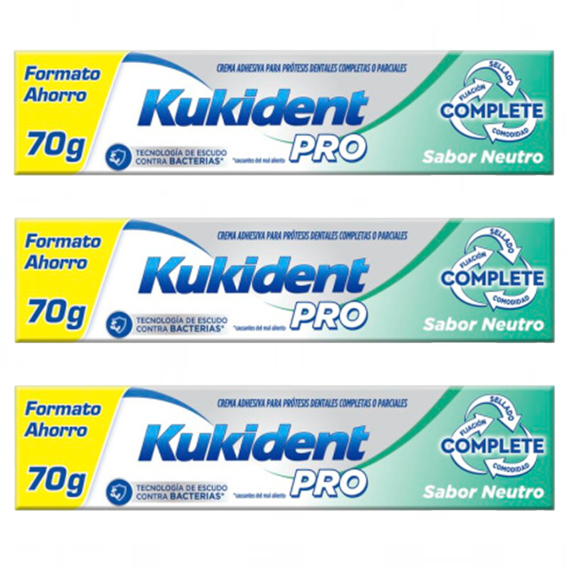 Kukident Triplo Pro Creme Adesivo Completo para Dentaduras, Neutro 3 x 70 Gr