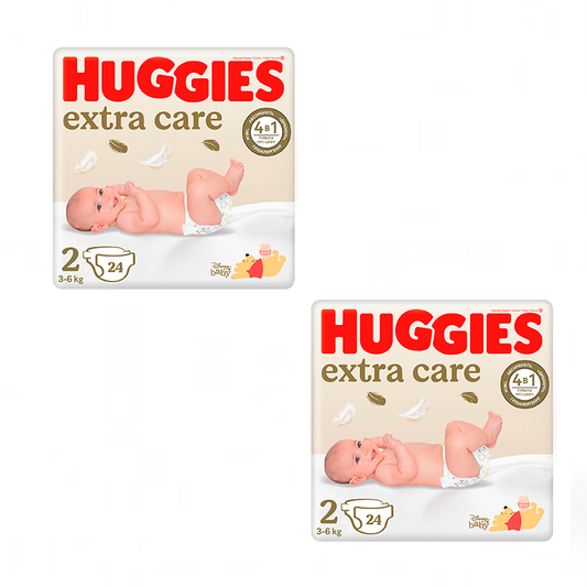Embalagem 2 x Huggies Extra Care Fraldas para recém-nascidos tamanho 2 (4-6KG), 48 unidades.