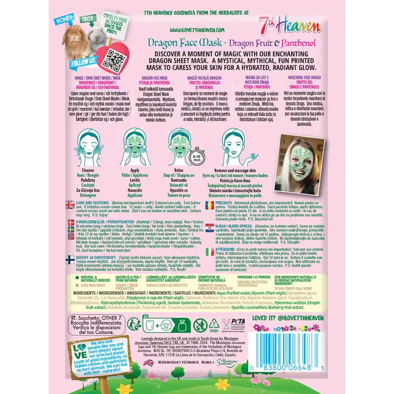 7 Heaven Animal Mask Máscara de tecido de dragão , 1 unid.