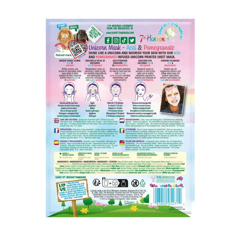 7 Heaven Animal Mask Máscara de tecido de unicórnio , 1 unid.