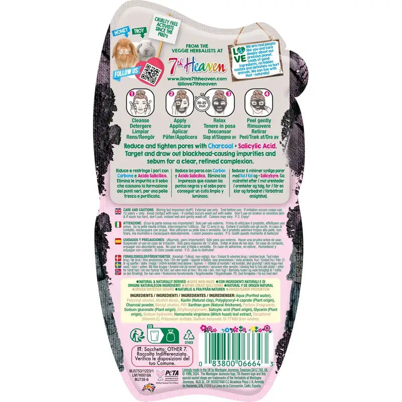 7 Heaven Peel-Off Charcoal Mask Com Ácido Salicílico Refina os Poros , 10 ml