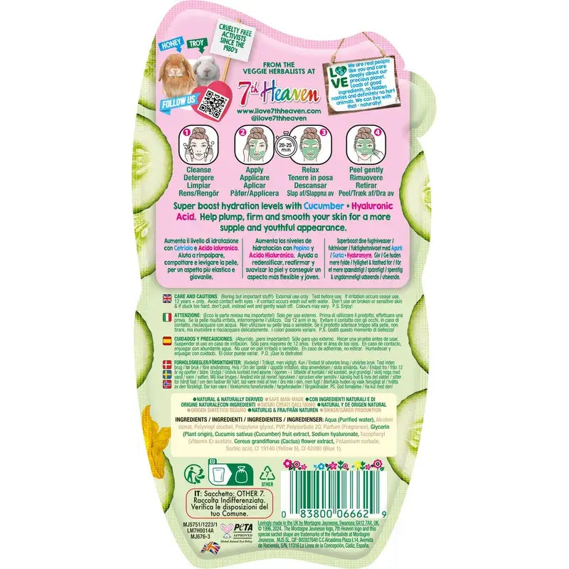 7 Heaven Peel-Off Máscara de Pepino com Ácido Hialurónico Redensificante e Refirmante , 10 ml