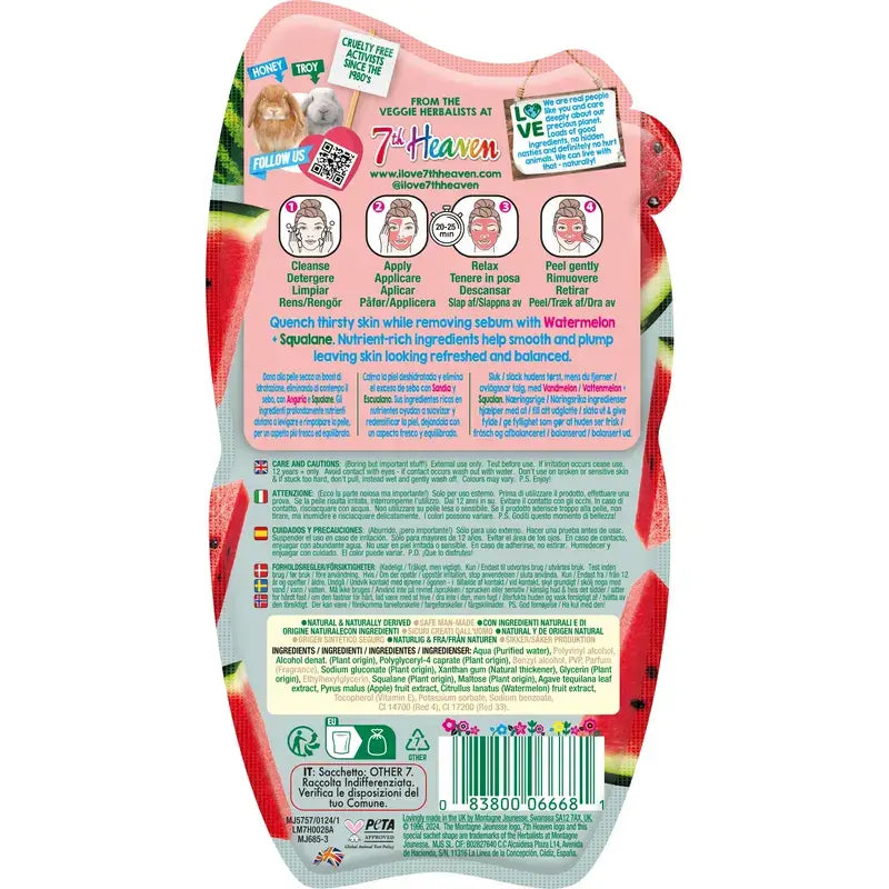 7 Heaven Máscara desfolhante de melancia com Esqualano Aumenta a hidratação , 10 ml
