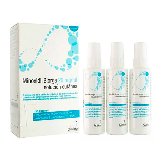 Minoxidil Biorga 20 Mg/ ml Solución Cutanea 3 Frascos 60 ml + 3 Accionadores de Boquilla y 2 Accionadores con Canula