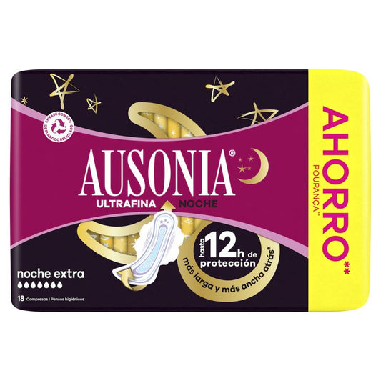 Ausonia Ultrafine Menstrual Night Extra Pads With Wings, 18 unidades