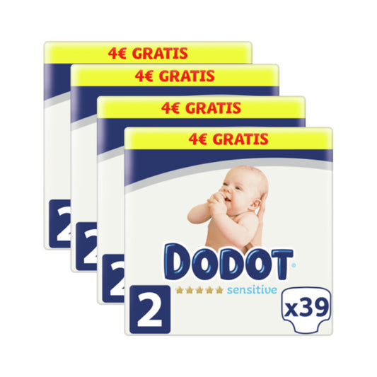Dodot Pack 4 X Sensitive Recién Nacido Talla 2 (5-8 Kg), 156 Unidades