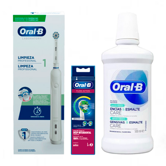 Conjunto Oral-B Sensitivity: Escova de dentes eléctrica + 3 recargas + elixir para gengivas e esmalte 500ml