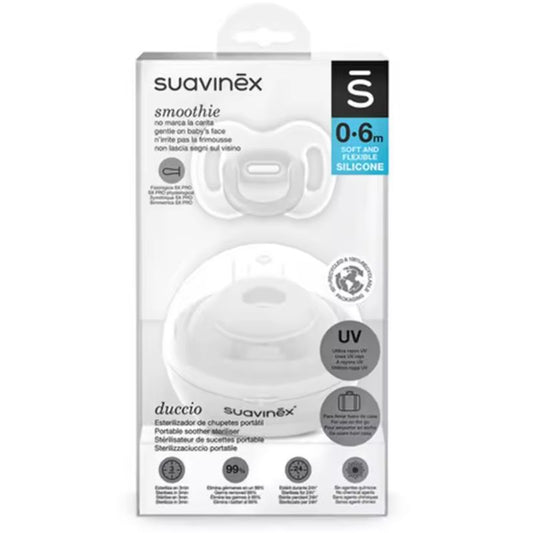 Pacote de chupetas Suavinex com tetina fisiológica Sx Pro totalmente em silicone, 0-6 meses + esterilizador portátil Duccio. Cor branca.