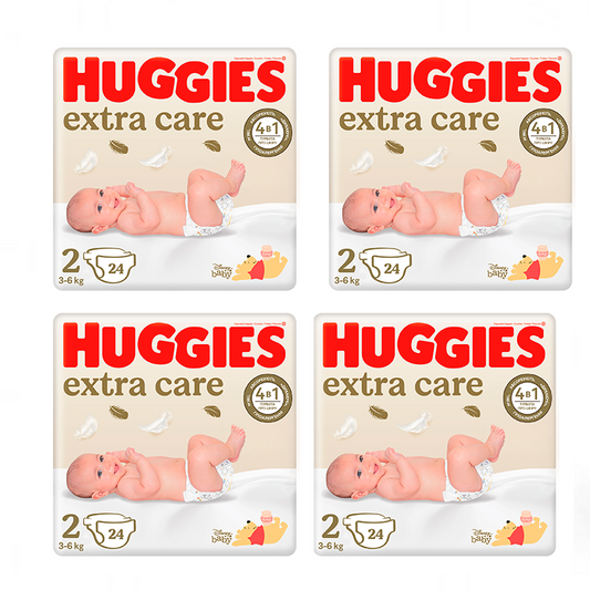 Pack 4 x Huggies Extra Care Fraldas para recém-nascidos tamanho 2 (4-6KG), 96 unidades.