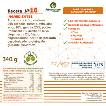 Natursenior Adultos Puré de Arroz com Marisco com Omega 3 Dha+Epa, Prebióticos e Proteína. , 340 gr