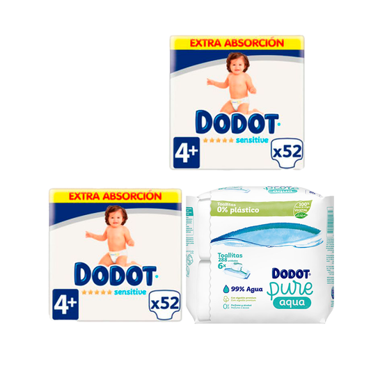 Dodot 2 Pack Sensitive Extra Jumbo Tamanho 4+, 52 pcs + Pure Aqua Baby Wipes 288 pcs.