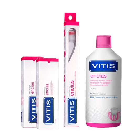 Pack VITIS Proteja as suas gengivas (Elixir bucal 1000ml+ Pasta dentífrica gengivas 2x100ml+Escova de dentes gengivas sensíveis)