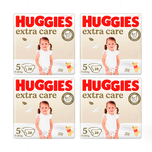 Embalagem 4 x Huggies Extra Care Fralda de bebé recém-nascido tamanho 5 (11-25KG), 112 unidades.