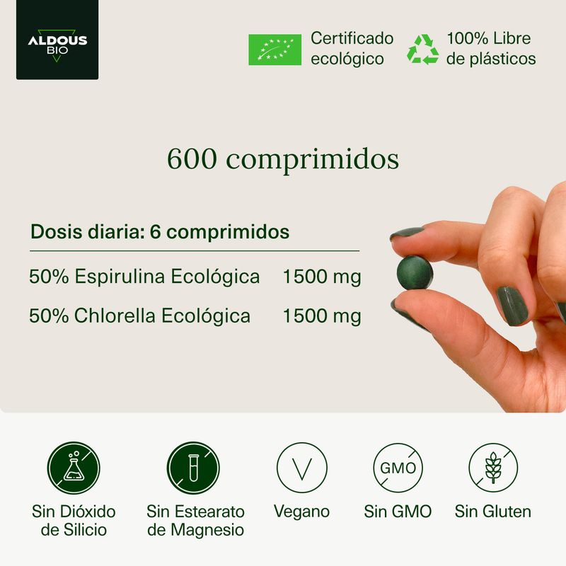 Aldous Chlorella e Spirulina Premium Orgânica, 600 unidades