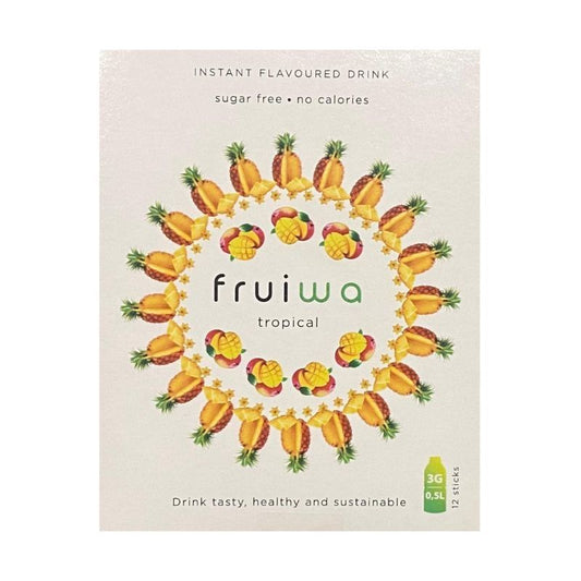 "Bebida instantânea em pó com vitamina C e adoçante Fruiwa sabor tropical, 36 g".