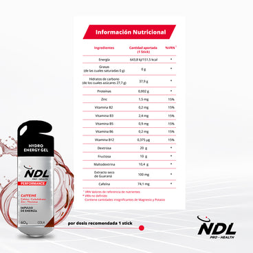 NDL Pro-Health Energy Gel Com Cafeína Sabor a Cola, Embalagem de 12x60 gramas