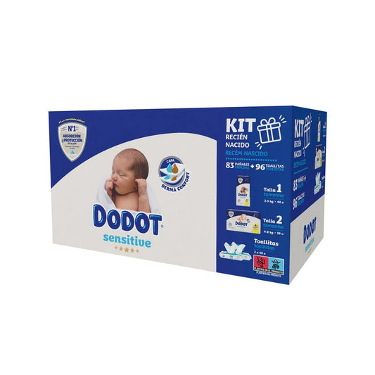 Kit recém-nascido Dodot Sensitive: 44 fraldas tamanho 1 + 39 fraldas tamanho 2 + 96 toalhetes