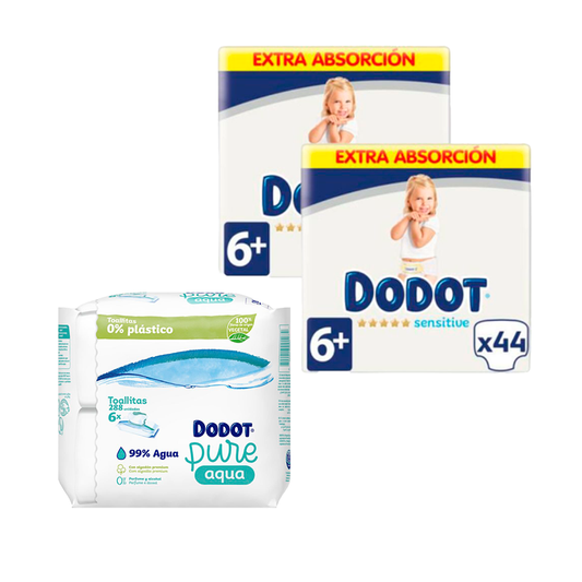 Dodot 2 Pack Sensitive Extra Jumbo Tamanho 6+, 44 pcs + Pure Aqua Baby Wipes 288 pcs.