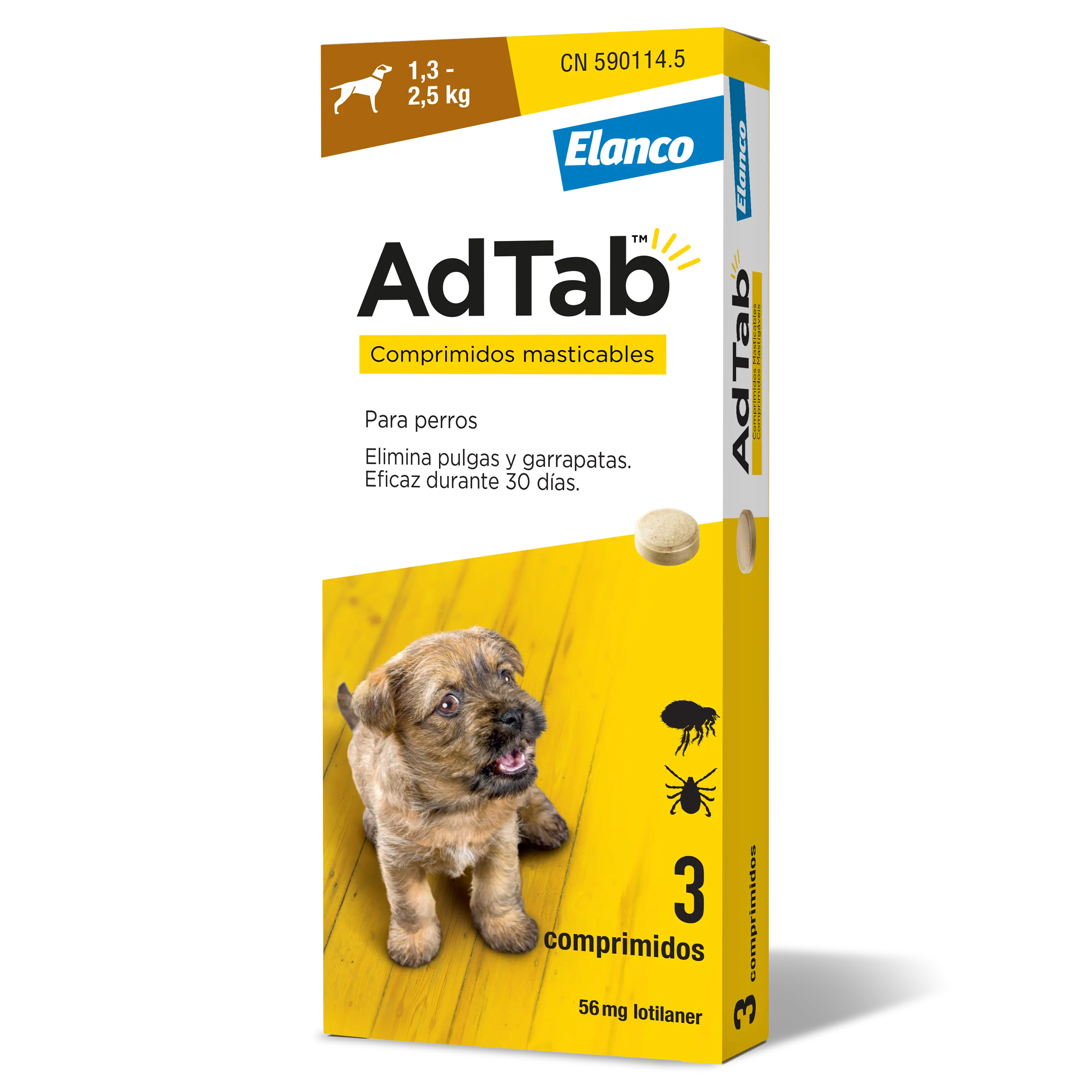 AdTab 56Mg Comprimidos Mastigáveis Cães 1,3-2,5Kg, 3Cpd