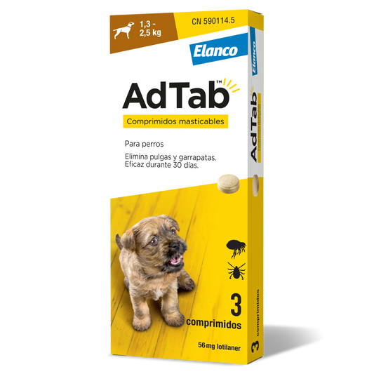 AdTab 56Mg Comprimidos Mastigáveis Cães 1,3-2,5Kg, 3Cpd