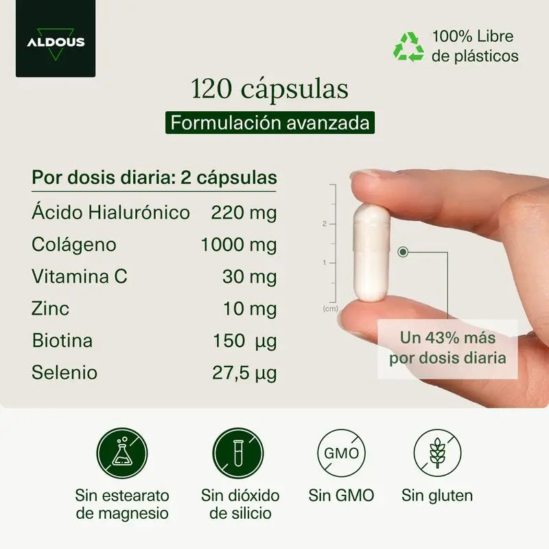 Aldous Bio Ácido Hialurónico com Colagénio, Vitaminas e Minerais, 120 cápsulas