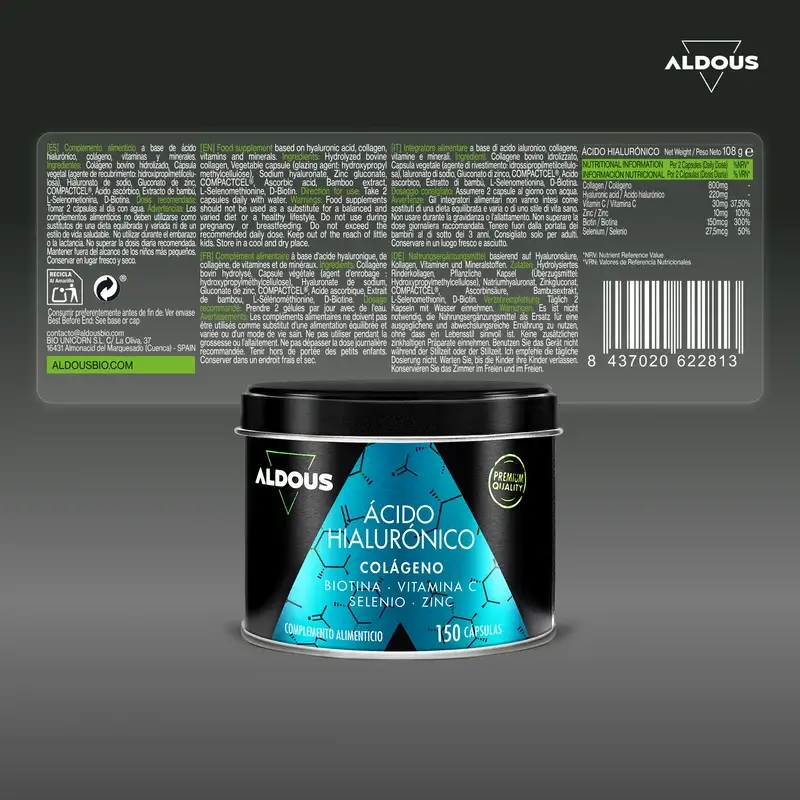 Aldous Bio Ácido Hialurónico com Colagénio, Vitaminas e Minerais, 120 cápsulas