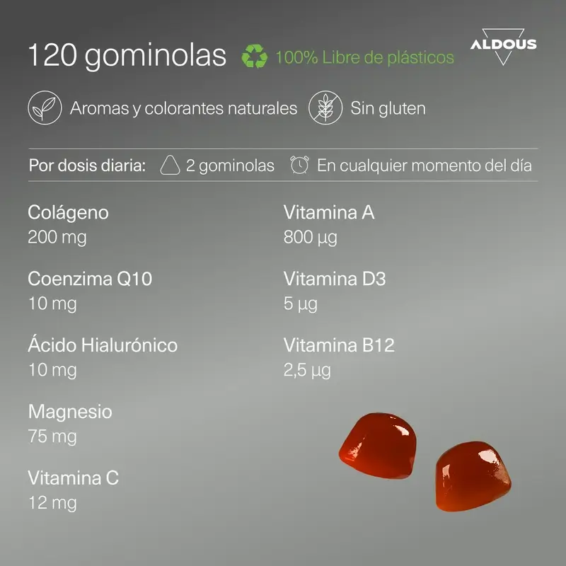 Aldous Bio Colagénio Hidrolisado com Ácido Hialurónico, Coenzima Q10, Zinco e Vitaminas, 120 gomas