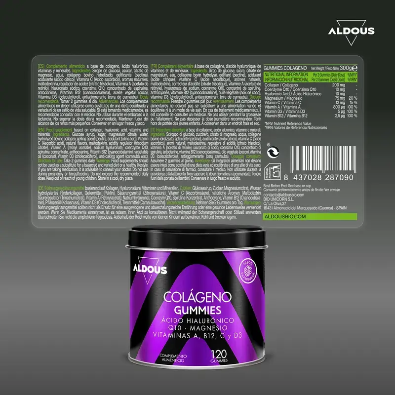Aldous Bio Colagénio Hidrolisado com Ácido Hialurónico, Coenzima Q10, Zinco e Vitaminas, 120 gomas