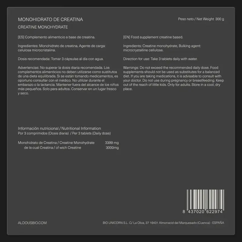 Aldous Bio Creatina Monohidrato , 200 comprimidos
