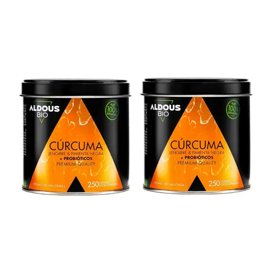 Aldous Bio Curcuma com Gengibre e Pimenta Preta com Probióticos, 2X250 Cápsulas